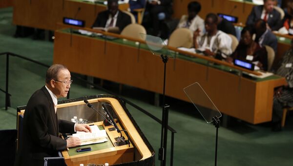Генсек ООН Пан Ги Мун выступает на Генеральной Ассамблеи ООН в США. 20 сентября 2016