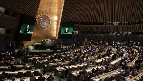 Генсек ООН Пан Ги Мун выступает на Генеральной Ассамблеи ООН в США