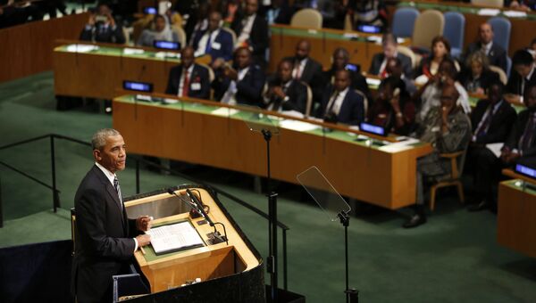 Президент США Барак Обама во время выступления на заседании Генеральной ассамблеи ООН в Нью-Йорке