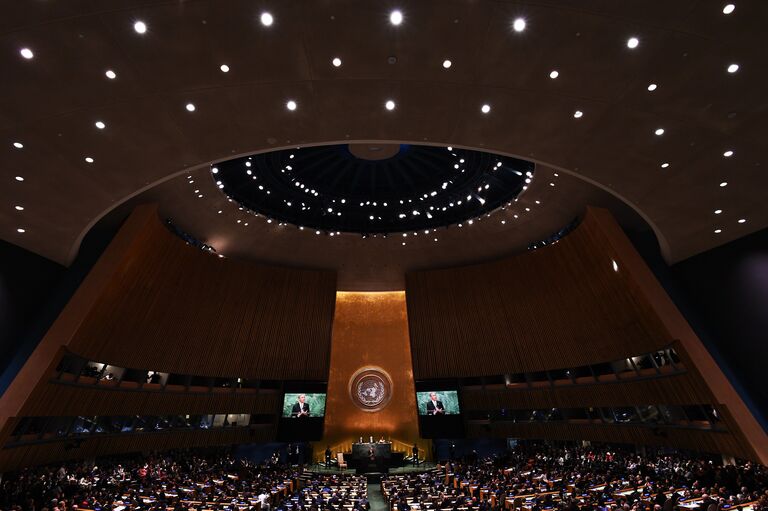 Президент США Барак Обама во время выступления на заседании Генеральной ассамблеи ООН в Нью-Йорке. 20 сентября 2016 года 
