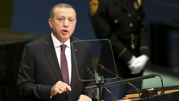 Президент Турции Реджеп Тайип Эрдоган выступает на заседании Генеральной ассамблеи ООН в Нью-Йорке. 20 сентября 2016