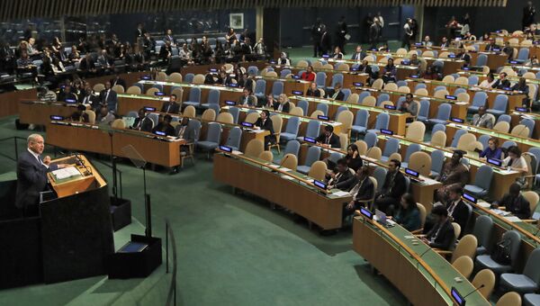 Премьер-министр Израиля Биньямин Нетаньяху во время выступления на 71-й сессии Генеральной Ассамблеи ООН. 22 сентября 2016