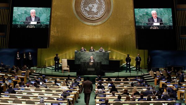 Президент Палестины Махмуд Аббас во время выступления на 71-й сессии Генеральной Ассамблеи ООН. 22 сентября 2016