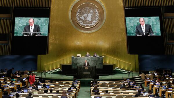 Глава МИД РФ Сергей Лавров во время выступления на Генассамблее ООН