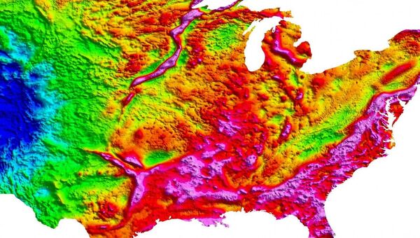Гравитационная карта США, на которой можно увидеть гигантский разлом