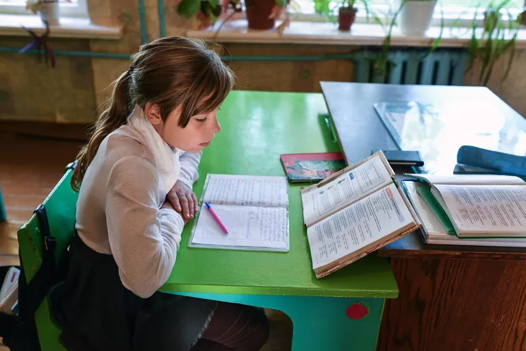 Девочка Анна (12 лет) из приемной семьи на уроке английского в школе села Сенное в Брянской области Девочка Анна (12 лет) из приемной семьи на уроке английского в школе села Сенное в Брянской области