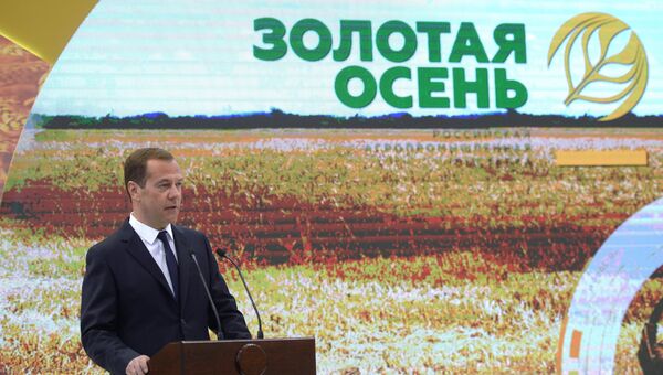 Председатель правительства РФ Дмитрий Медведев выступает на церемонии награждения госнаградами аграриев на выставке Золотая осень