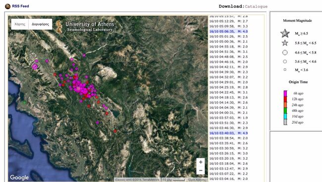 Карта землетрясения в Греции, 15 октября 2016