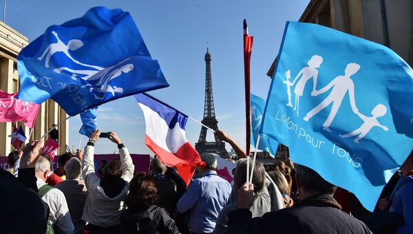 Манифестация французской общественной организации в поддержку традиционных семей Manif pour tous в Париже