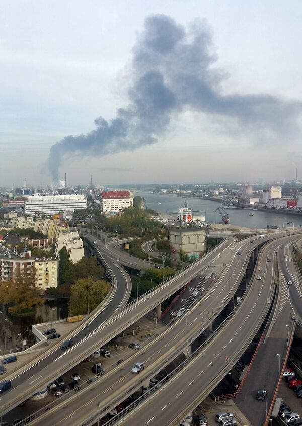 Дым на предприятии химического концерна BASF в немецком городе Людвигсхафен-ам-Райн в Германии