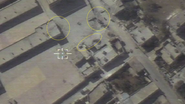 Фотография российского беспилотного летательного аппарата в населенном пункте Хасс в сирийской провинции Идлиб
