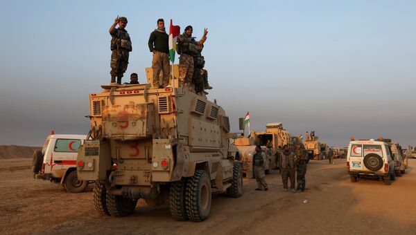 Курдские формирования пешмерга перед наступлением на захваченный боевиками террористической группировки Исламское государство в городе Баашика