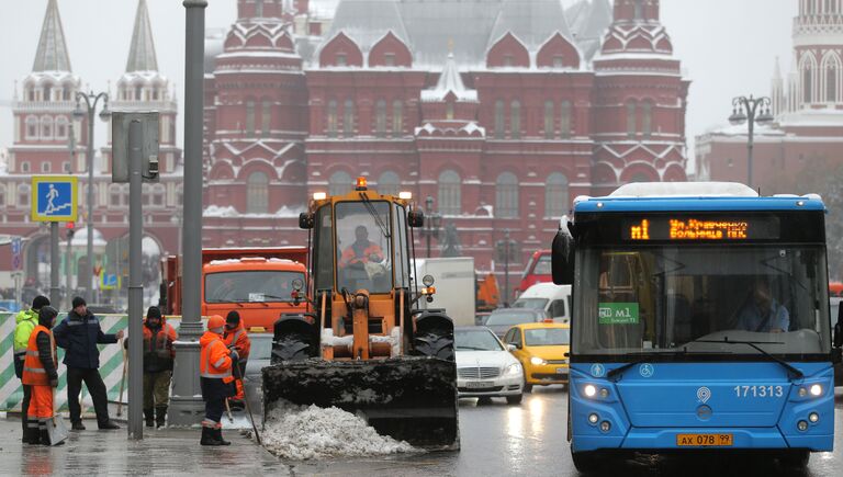 Спецтехника коммунальных служб убирает снег на улицах Москвы