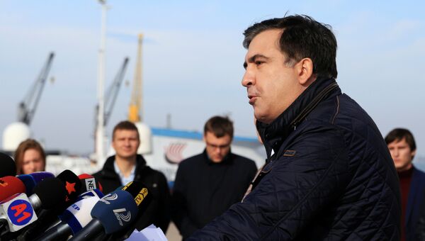 Губернатор Одесской области Украины Михаил Саакашвили выступает на пресс-брифинге в Одессе