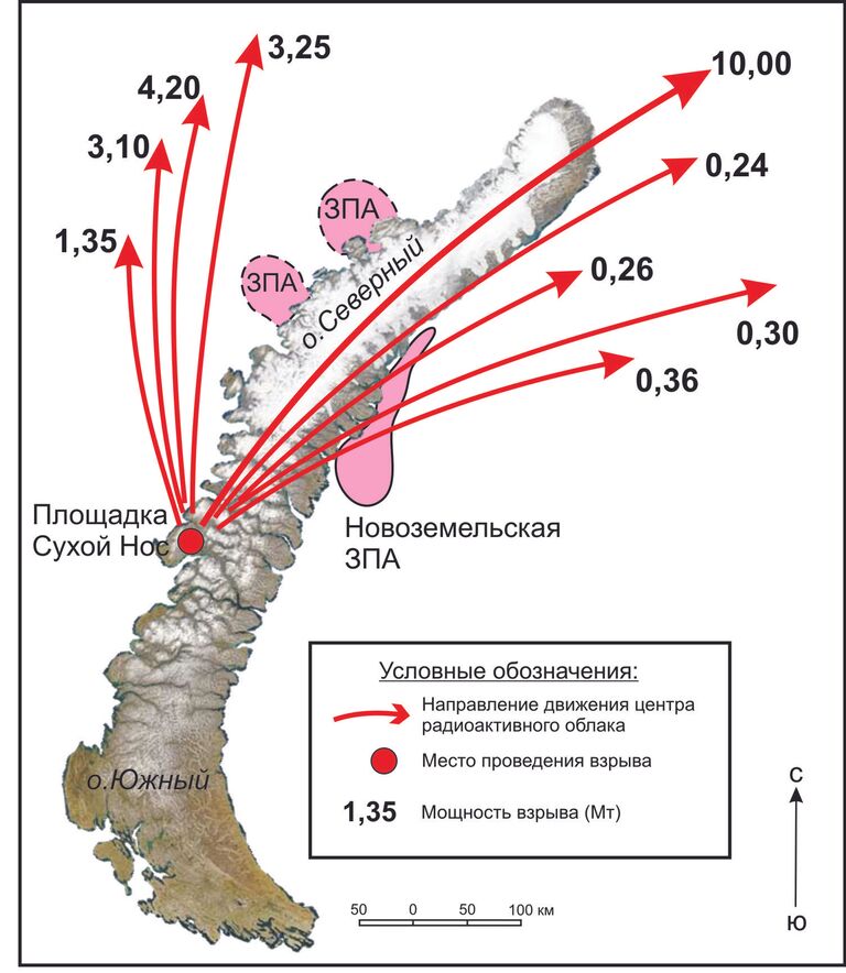 Карта распространения радиоактивного загрязнения после ядерных испытаний на Новой Земле