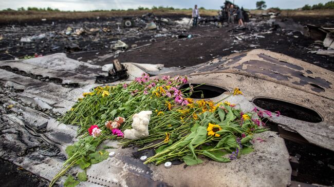 Цветы на фюзеляже лайнера Boeing 777 Малайзийских авиалиний, потерпевшего крушение в районе города Шахтерск Донецкой области