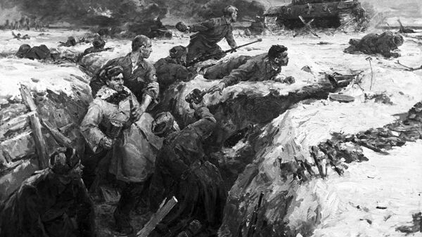 Репродукция картины Подвиг гвардейцев-панфиловцев работы художника Виктора Панфилова. Архивное фото