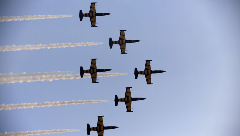 Латвийская пилотажная группа Baltic Bees выступает на самолетах L-39 Albatross на Iran Air Show 2016