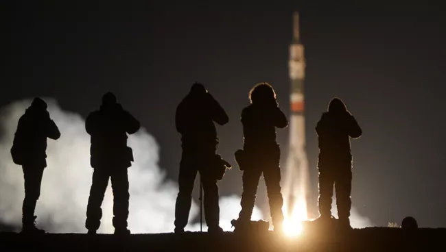 Пуск ракеты-носителя Союз-ФГ с пилотируемым кораблем Союз МС-03 с космодрома Байконур