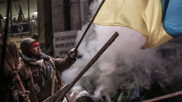 Сторонник евроинтеграции на баррикадах, декабрь 2013 года. Архивное фото