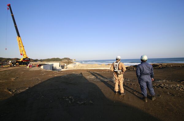 Рабочие смотрят на море после предупреждения о цунами в Иваки, Япония