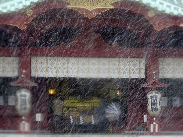 Посетитель Храма Канда Мёдзин во время снегопада в Токио, Япония