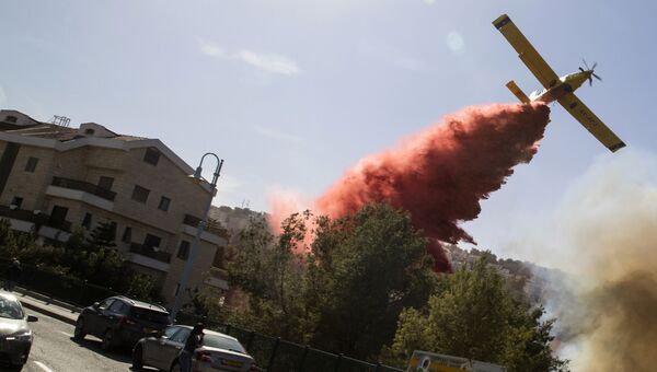 Израильский пожарный самолет во время тушения лесного пожара в городе Хайфа. 24 ноября 2016