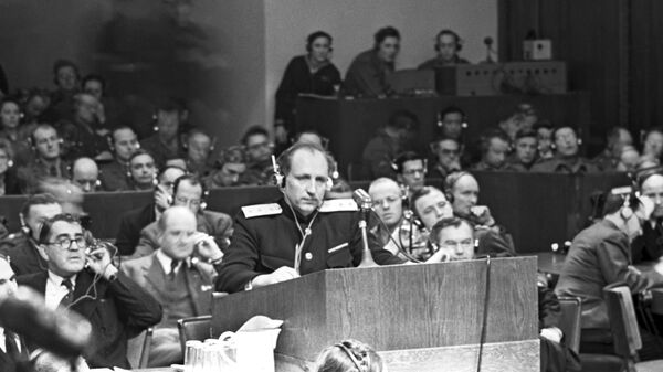 Главный обвинитель от СССР генерал-лейтенант Роман Андреевич Руденко во время выступления на Нюрнбергском процессе