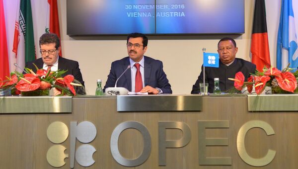 Председатель конференции ОПЕК, министр энергетики Катара Мухаммед бен Салех ас-Сада (в центре) на пресс-конференции по итогам заседания ОПЕК в Вене. 30 ноября 2016