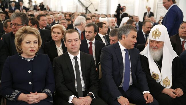 Председатель правительства РФ Дмитрий Медведев перед началом ежегодного послания президента РФ Владимира Путина Федеральному Собранию в Кремле. 1 декабря 2016