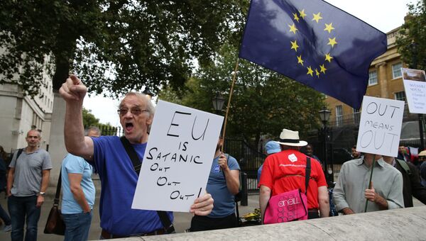 Сторонники выхода из Евросоюза во время демонстрации в Лондоне, Великобритания