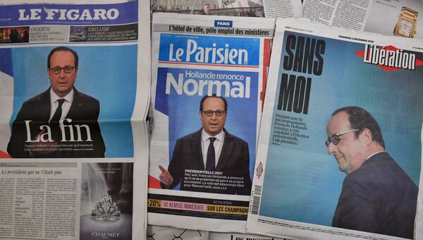 Обложки французских газет после заявления президента Франсуа Олланда о его отказе баллотироваться на выборы президента Франции в 2017 году. 2 декабря 2016