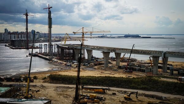 Вид на строительство Северо-Западного скоростного диаметра в Санкт-Петербурге