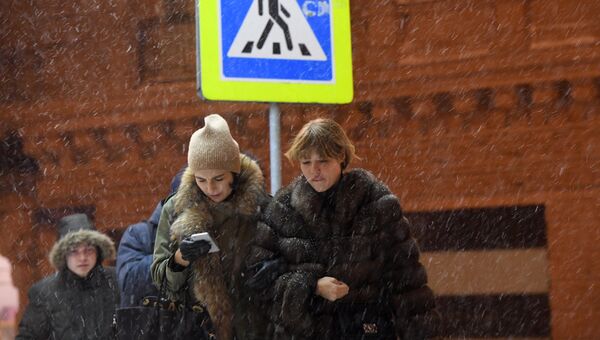 Прохожие в Москве во время снегопада