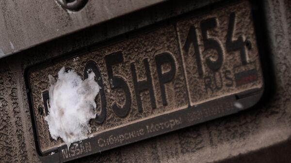 Снег на государственном регистрационном знаке автомобиля в Москве. Архивное фото