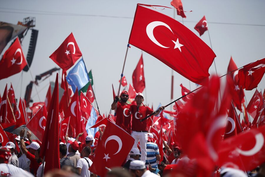 Демонстранты с турецкими флагами в Стамбуле. Август 2016 года 