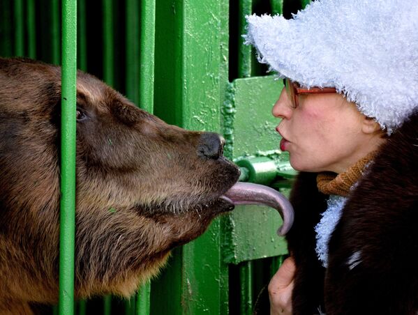 Дрессировщица Вера Блищ с бурым медведем в новом зверинце в Уссурийске