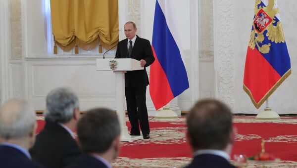 Президент РФ Владимир Путин во время ежегодного торжественного приёма в Кремле по случаю празднования Дня Героев Отечества. 9 декабря 2016