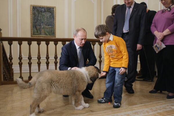 Владимир Путин в подмосковной резиденции Ново-Огарево встретился с Димой Соколовым, который придумал кличку для собаки. Новую собаку премьер-министра РФ В.Путина, которую ему подарили в Болгарии, будут звать Баффи