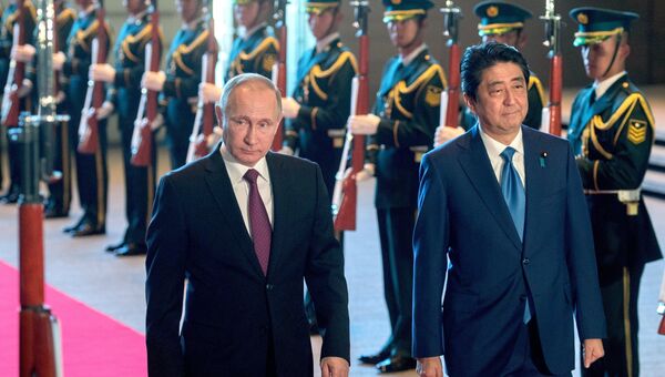 Президент РФ Владимир Путин и премьер-министр Японии Синдзо Абэ во время официальной встречи в Токио. 16 декабря 2016