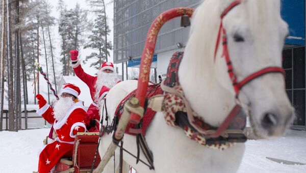 Участники парада Дедов Морозов в Уфе в санях