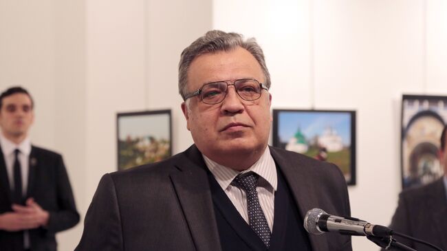 Посол России в Турции Андрей Карлов во время выступления в галерее в городе Анкара