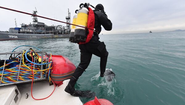 Водолаз МЧС во время поисково-спасательной операции на месте крушения самолета Ту-154 в Черном море у берегов Сочи