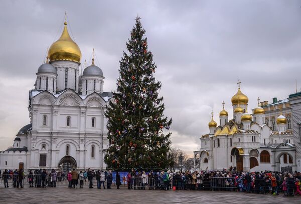 Родители с детьми в очереди на новогоднее представление в Государственном Кремлевском дворце в Москве