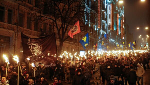 Марш активистов партии Свобода в Киеве в честь 108-й годовщины со дня рождения Степана Бандеры, 1 января 2017