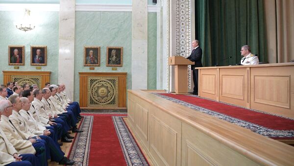 Владимир Путин выступает на торжественном заседании, посвящённом 295-летию российской прокуратуры. 11 января 2017