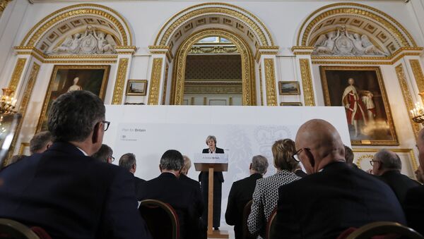 Премьер-министр Великобритании Тереза Мэй во время выступления с речью о предстоящем выходе страны из ЕС. Архивное фото