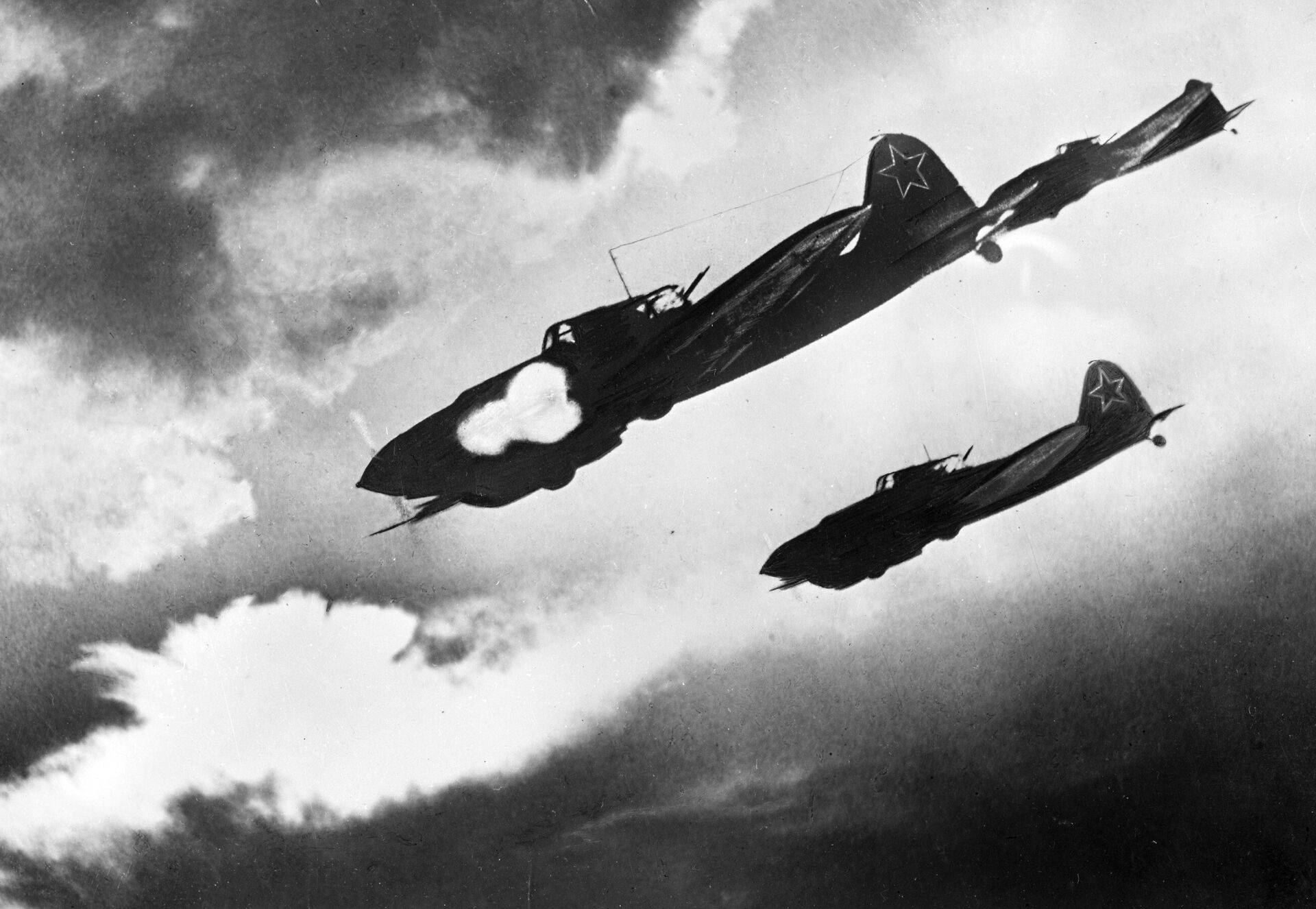 Советские летчики на самолетах ИЛ-2 атакуют колонну противника во время битвы на Курской дуге - РИА Новости, 1920, 27.07.2021