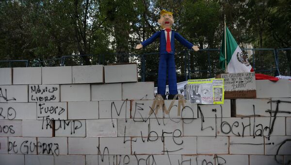 В Мексике манифестанты построили стену из коробок рядом с посольством США. 20 января 2017 год