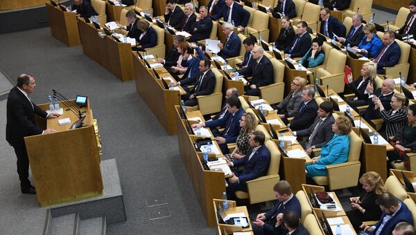 Министр иностранных дел РФ Сергей Лавров выступает на пленарном заседании Государственной Думы РФ. 25 января 2017